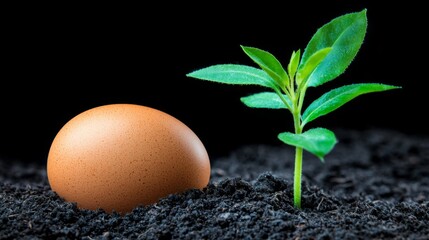 Brown egg beside a young green plant sprouting from dark soil in a close-up view