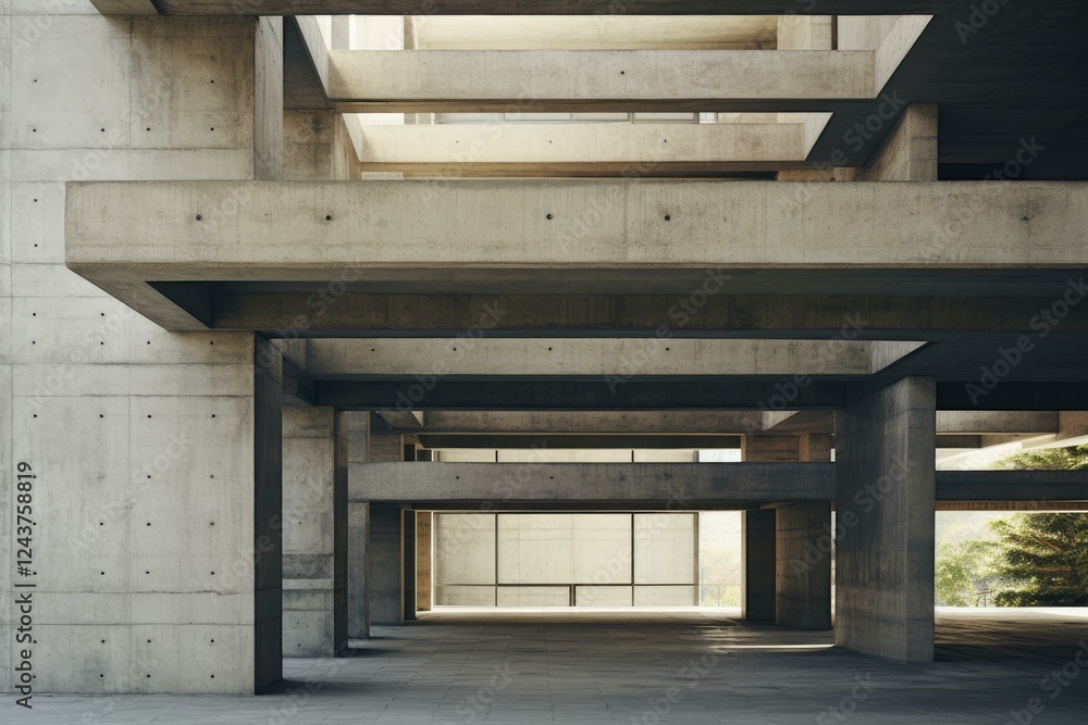Poster concrete beams and pillars create a modern and imposing architectural structure, with natural light 