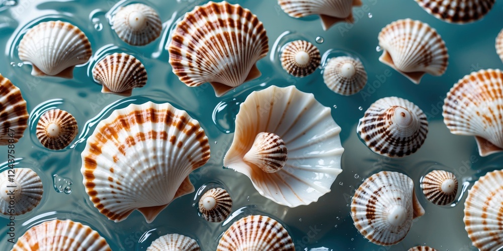 Poster seashells floating in clear water creating a calming abstract background with space for text overlay