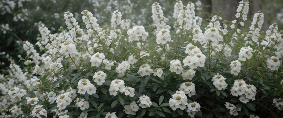 Lush bush of vibrant white flowers surrounded by greenery with ample blank space for overlaying text or graphics