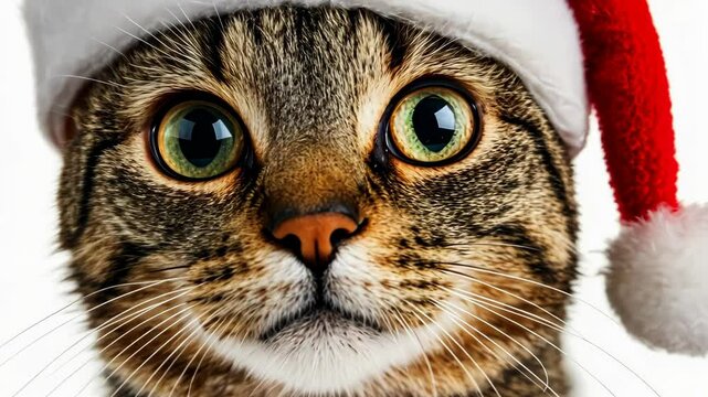 Festive cat wearing santa hat displaying curious expressions and seasonal charm