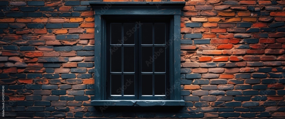 Sticker Classic black window set against a weathered brick wall showcasing texture and vintage architectural details perfect for design themes.