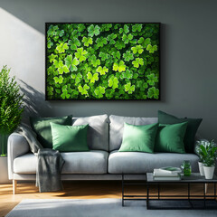 Vibrant green clover art enhances cozy living room atmosphere with natural charm and tranquility. Generative AI