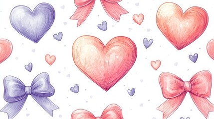 A seamless pattern featuring hand-drawn ribbons and hearts on a white background. Ideal for gift wrapping, holidays, and feminine-themed designs.