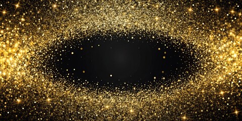 Fototapeta premium Golden Glitter Burst Festive Black Background with Stars and Bokeh