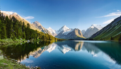 Naklejka premium a tranquil lake surrounded by majestic mountains reflects the calm beauty of nature perfect for relaxation and inspiration