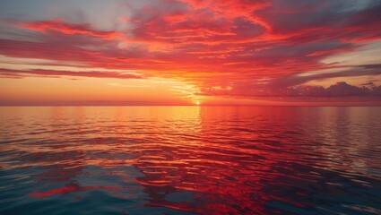 Vibrant Sunset Over Calm Sea Producing Reflective Hues of Orange and Red Creating a Serene and Tranquil Atmosphere in Nature's Beauty