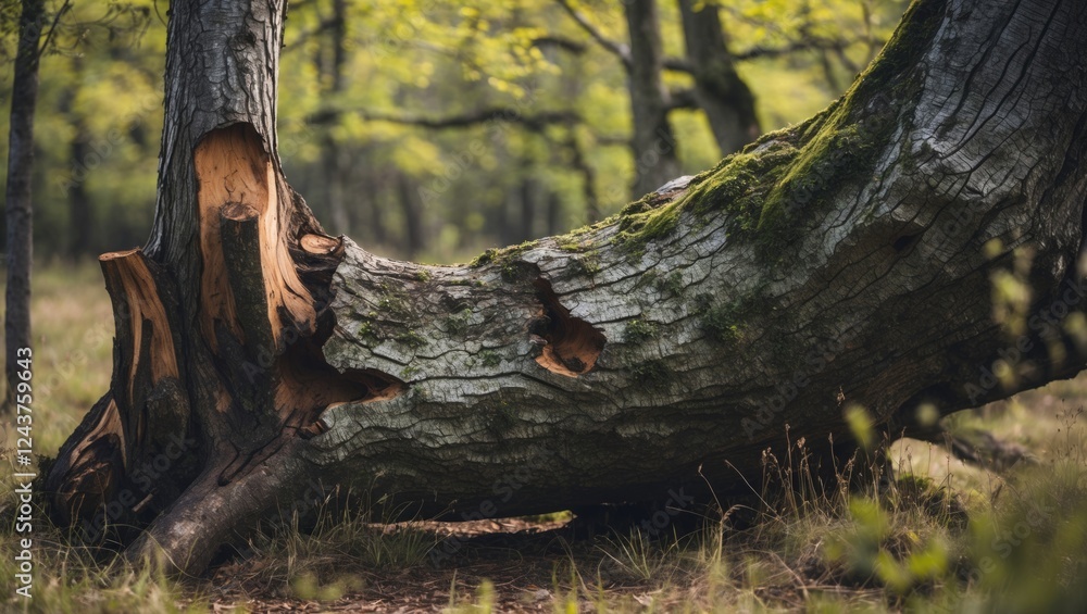 Poster artistic close-up of a weathered tree trunk with moss in a serene forest setting showcasing natural 