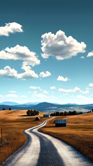 Obraz premium Village road, small houses, peaceful countryside, 3D illustration