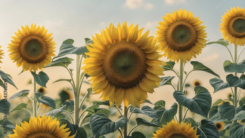 Aufkleber vibrant sunflowers in field composition with clear sky and space for custom text or branding element
