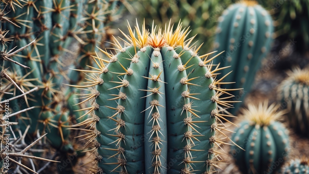 Poster vibrant close-up of a large spiny cactus in natural surroundings with a blurred background and space
