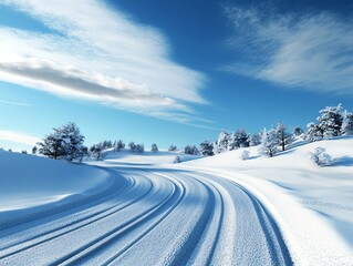 Snowcovered road, winter wonderland, soft snowfall, 3D illustration
