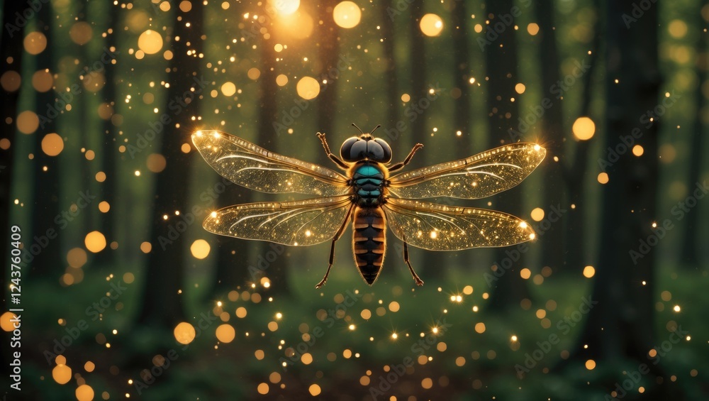Poster magical glittering firefly in enchanted forest capturing fairy tale essence with sparkling bokeh eff