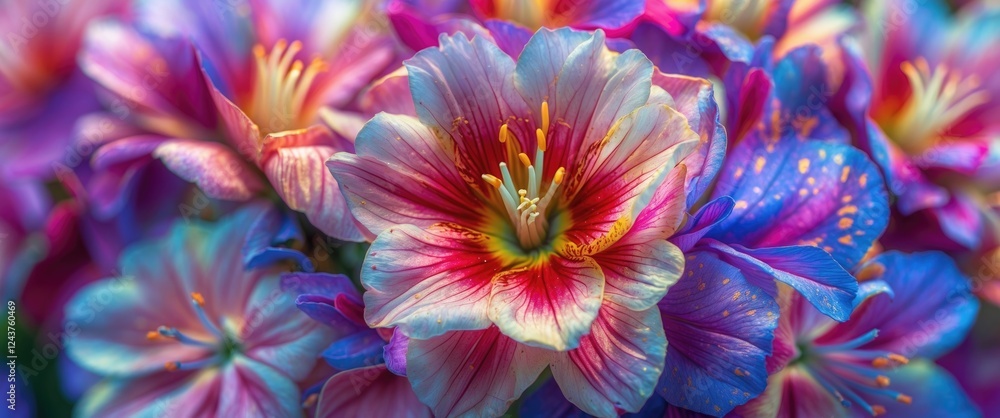 Poster vibrant flower texture featuring a burst of colors and intricate petals with a soft white background
