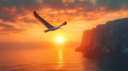 Fototapeta premium Seagull sunset flight, coastal cliffs, dramatic sky, travel poster