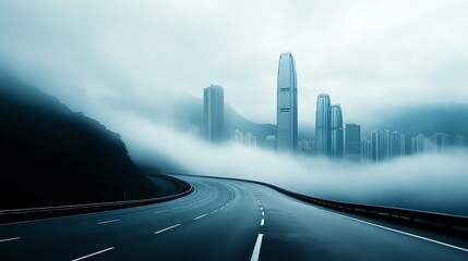 Fototapeta premium Steep hill road in a foggy metropolis, skyscrapers fading into mist, mysterious urban exploration, dynamic city perspective