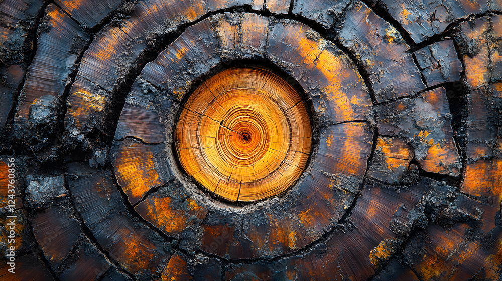 Aufkleber A close-up view of a tree stump showing intricate circular patterns and rich textures, highlighting nature's beauty and age