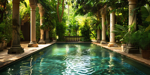 Serene outdoor pool surrounded by lush greenery and elegant columns, creating a tranquil oasis in a tropical setting.

