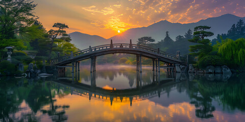 A serene sunrise view of a wooden bridge arching over a still lake, surrounded by lush trees and misty mountains.

