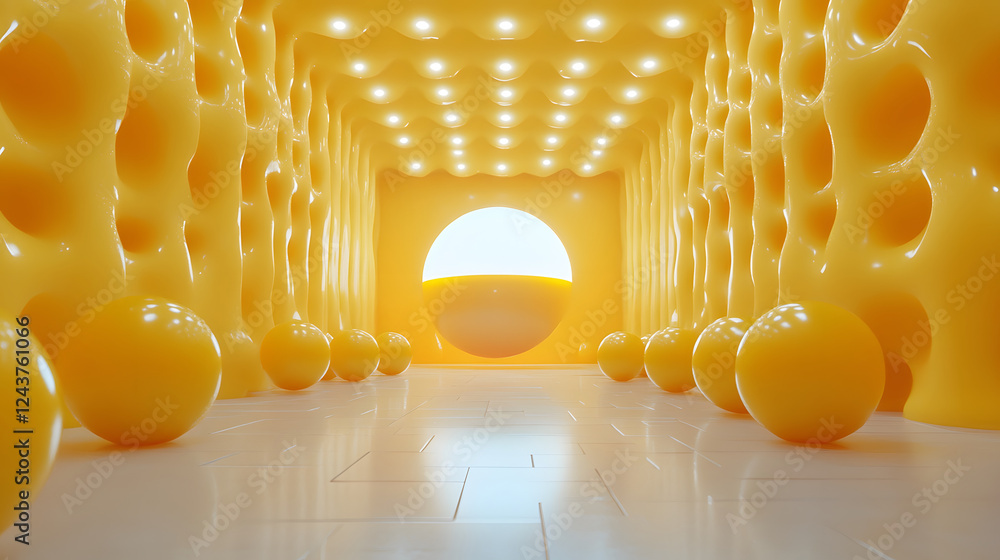 Poster bright yellow interior with rounded shapes and a large circular opening, creating a vibrant, playful