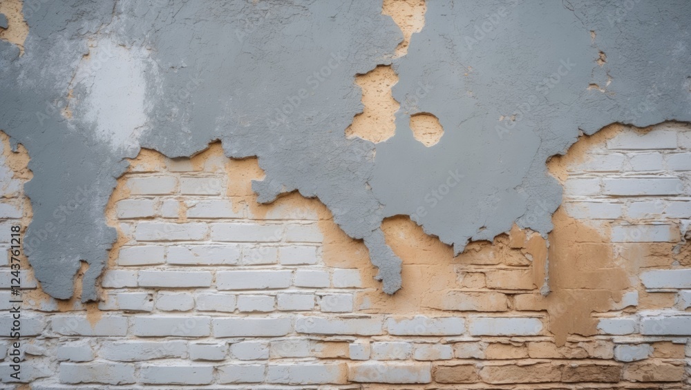 Poster weathered stucco and brick wall with peeling gray paint and stained textures creating an abstract gr