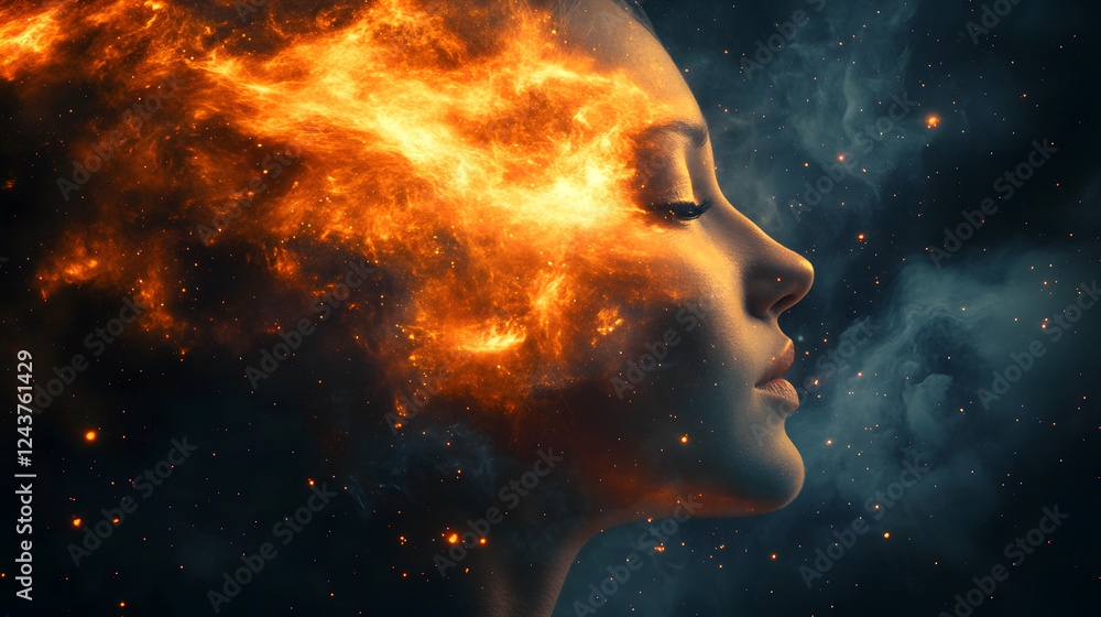 Poster a cosmic portrayal of a woman's profile with fiery elements merging into a starry backdrop, symboliz