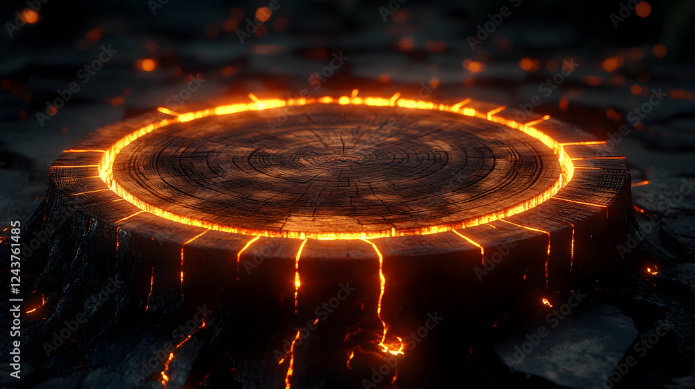 Poster a glowing circular formation with molten lava-like texture, surrounded by dark rock, creating a myst
