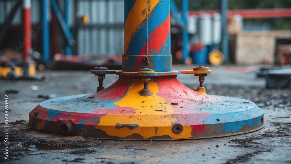 Poster vibrant and textured base of a lighting mast showcasing unique color patterns and industrial element