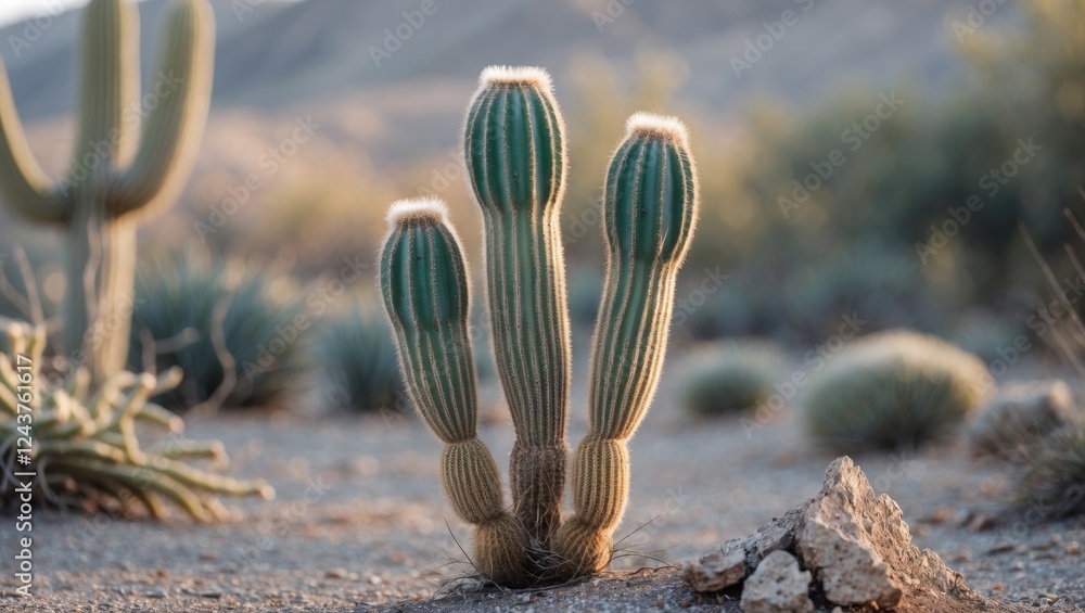 Poster a resilient dead cactus standing tall in a desert landscape with ample empty space for text or desig