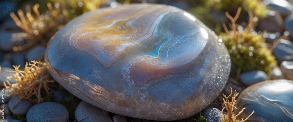 Poster vibrant polished agate stone showcasing intricate patterns and colors surrounded by pebbles and moss