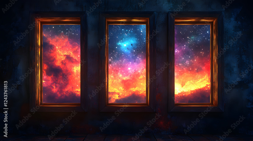 Poster three ornate windows frame a vibrant cosmic scene filled with stars and nebulae, set against a dark 