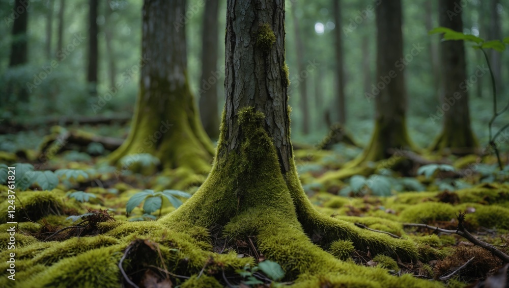 Poster moss-covered forest floor with tree trunks creating a serene, natural atmosphere emphasizing biodive