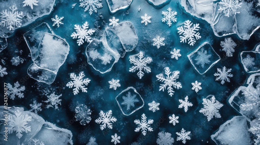 Poster ice and water abstract background with scattered snowflakes and frost viewed from above creating a c