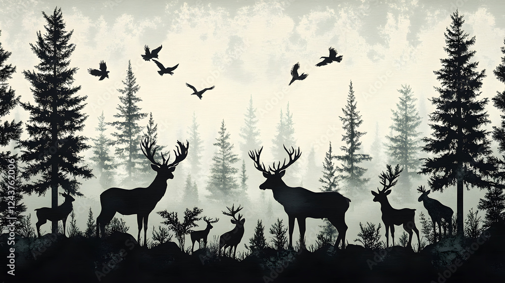 Poster Silhouetted deer and birds amidst towering trees in a misty forest setting create a serene, nature-inspired scene