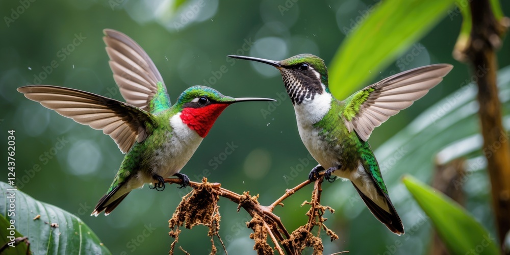 Poster hummingbirds engaged in territorial display in rainforest setting with space for text overlay