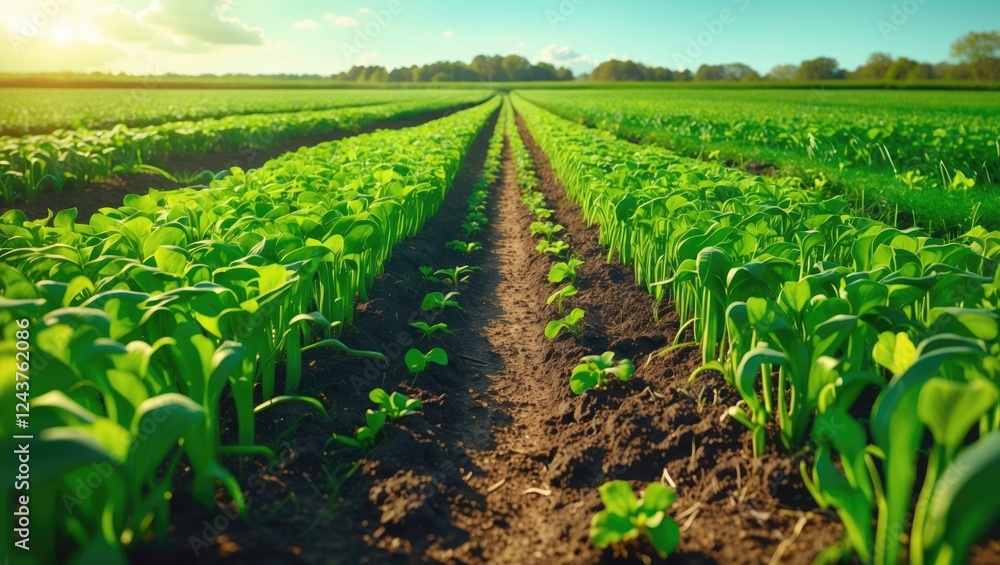Poster a scenic sunny path through lush green crop fields with rows of fresh vegetation and open space for 