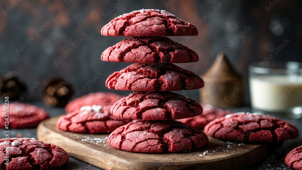 Poster stack of red velvet crinkle cookies on a wooden board with a blurred background creating an inviting