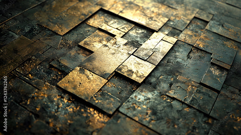 Poster textured metal surface with geometric patterns and a play of light creating an industrial aesthetic