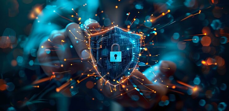 Digital shield with glowing lock icon protecting against cyber threats, perfect for cybersecurity, data protection and information technology concepts in modern business designs.