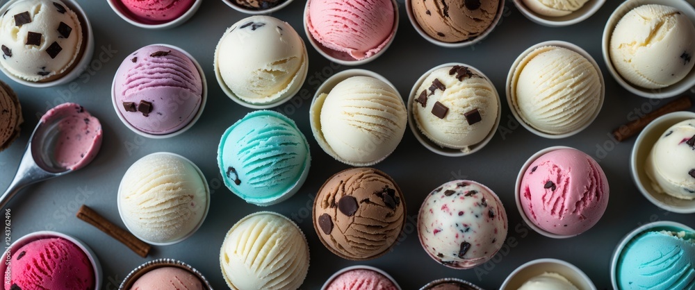 Poster aerial view of colorful ice cream scoops in cups on a table surrounded by a spoon and cinnamon stick