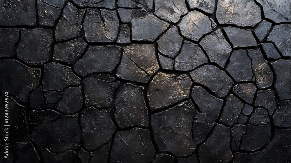 Poster Textured black surface with cracked patterns and subtle light reflections, creating a dramatic visual effect