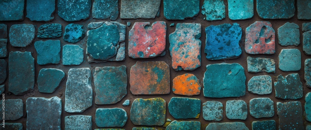 Poster old cobblestone pavement texture with vibrant colors and unique stone patterns viewed from above for