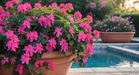 Vibrant Bougainvillea Flowers Blooming in Poolside Planters with Lush Greenery and Tranquil Water Background for Relaxing Outdoor Ambience