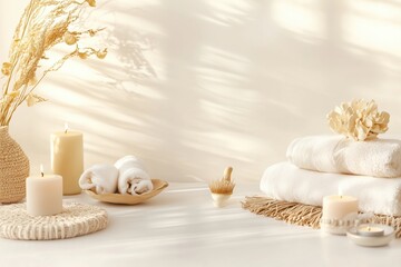 Obraz premium Conjunto de itens de spa com toalhas, velas e elementos decorativos em tons neutros, capturados com luz natural suave, criado com IA generativa.