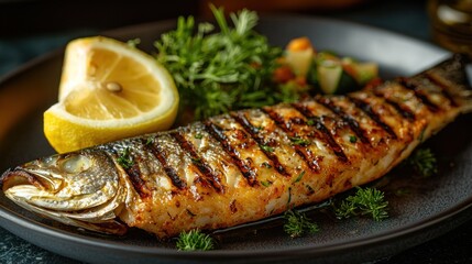 Grilled fish served on a black plate with lemon and herbs, showcasing a vibrant culinary presentation in a cozy dining setting