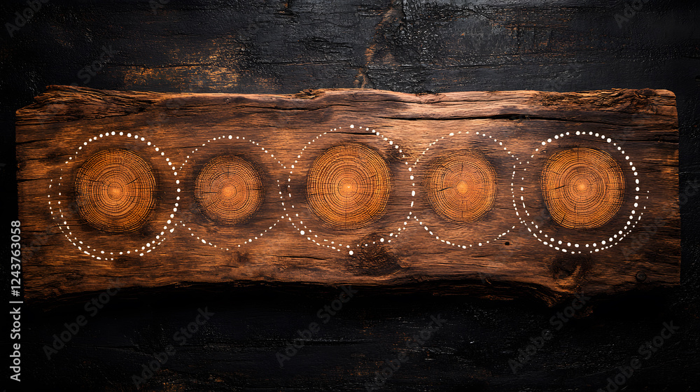 Poster wooden plank featuring five circular patterns, showcasing a rustic aesthetic with intricate details 