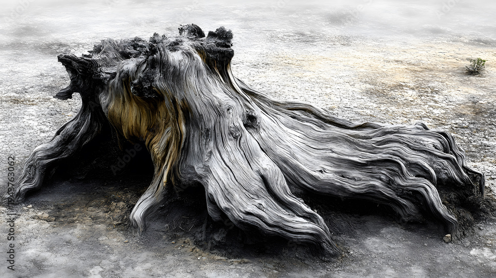 Poster a weathered tree stump lies on the ground, showcasing intricate textures and shapes in a natural, ea
