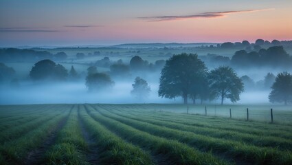 Fototapeta premium Mist-covered countryside landscape during a serene summer evening with lush green fields and silhouettes of trees under a soft twilight sky.