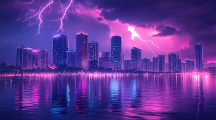 Obraz premium A cyberpunk-inspired city skyline with an intense electrical storm overhead, neon reflections on wet streets, futuristic and striking composition