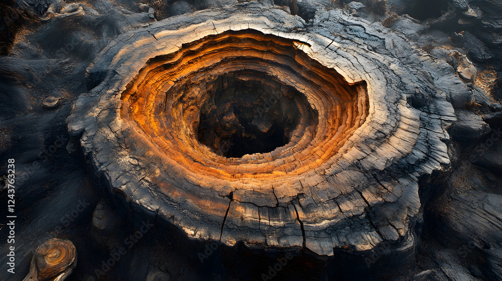 Poster Close-up of a tree stump displaying intricate rings and textures, with a prominent central hole and burnt edges